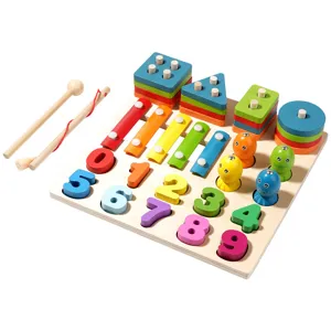 Wooden multi-function educational toy with number shape matching puzzle and xylophone game.