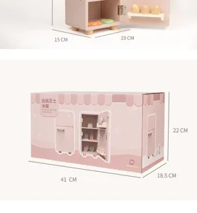 Wooden pretend play kitchen refrigerator toy for kids, pink peach cheese design accessories.