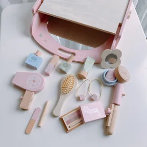 Wooden pretend play vanity makeup set for little girls, simulation toy gift with mirror and accessories.