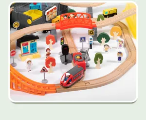 Wooden electric magnetic train track set, educational toy for kids early learning.