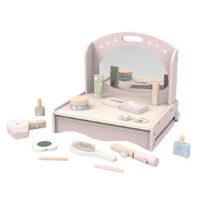 Wooden pretend play makeup vanity set for girls, simulation toy with lipstick, mirror, and dryer.