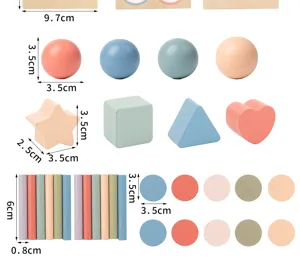 Wooden Montessori toy component details showing size measurements of geometric shapes and blocks.