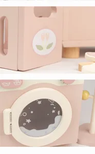 Wooden pretend play kitchen laundry toy detail, cute pink design for kids early educational fun.