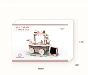 Detailed view of a charming wooden ice cream truck toy with colorful accessories and box dimensions.