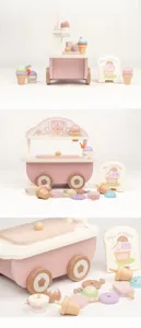 Kids wooden ice cream cart toy pretend play set with cute pastel dessert accessories.