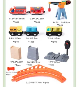 Wooden magnetic train track set component detail showing various vehicle parts and dimensions.