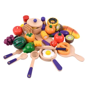 Wooden kitchen pretend play cutting food toy set, colorful fruit and vegetable toys for kids.