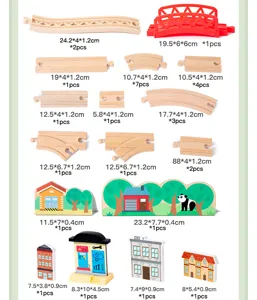 Wooden train track accessories detail view, various sizes of wooden tracks and blocks.