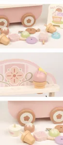 Wooden ice cream cart toy set for kids, simulation pretend play food kitchen toys with cute accessories.