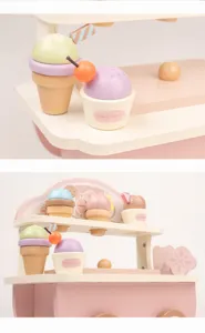 Wooden ice cream cart toy pretend play set for kids, cute pastel kitchen food dessert model.