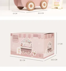Wooden ice cream truck toy product details and dimension measurements for kids play kitchen.