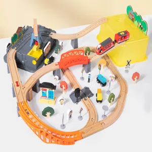 Wooden electric magnetic train track set with bridge and crane toys for kids early education