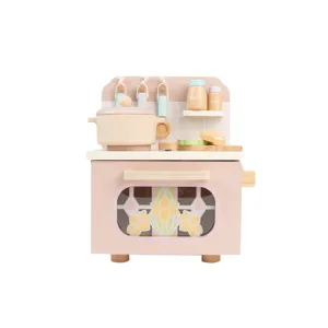Wooden pretend play kitchen toy for kids, pink pastel design with cooking accessories and oven.