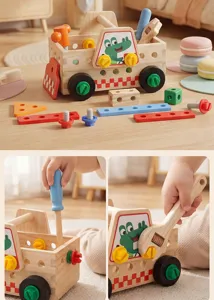 Wooden Montessori take-apart tool truck toy set with screws and nuts for kids learning.