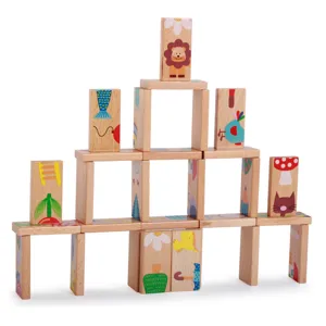 Wooden dominoes animal puzzle blocks set, kids early education toy displayed as a stacked pyramid.