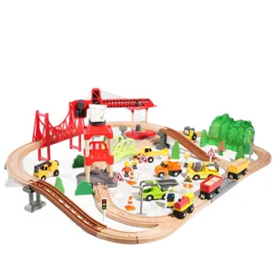 Children Wooden Track Train Toy Set 91-Piece Deluxe Construction Scene Educational Puzzle Toy Boys Girls Gift