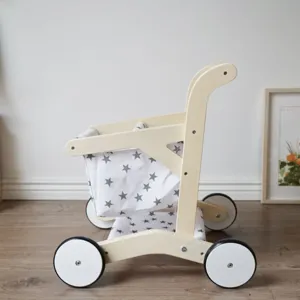 Wooden toy shopping cart detail showing sturdy wooden frame and star fabric basket for kids.