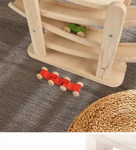 Wooden sliding track toy with multi-tier ramps and cars for kids early educational play.