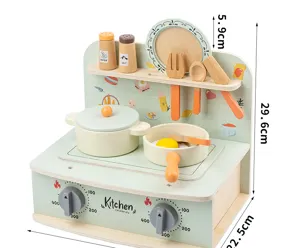 Wooden desktop kitchen toy set with miniature pots, pans, and cooking utensils for kids.