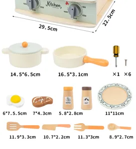 Wooden toy kitchen set with cookware and food accessories for kids toddler pretend play.