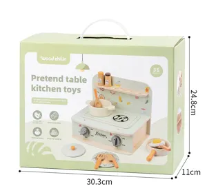 Wooden pretend kitchen toy set for kids with mini stove, pots and accessories in gift box.