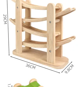 Wooden 4-tier rolling ball track toy for kids early educational sensory development car play.