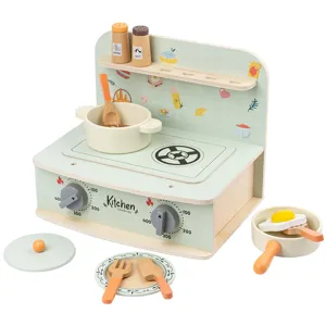 Wooden kids kitchen play set with stove, pots, and accessories. Perfect toy for toddlers.