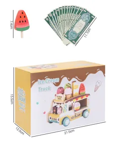 Detailed view of wooden ice cream truck toy with dessert accessories and size measurements.