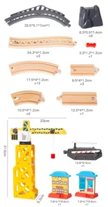 Wooden train track toy accessories set, multiple wooden rails, bridge, crane and building parts.