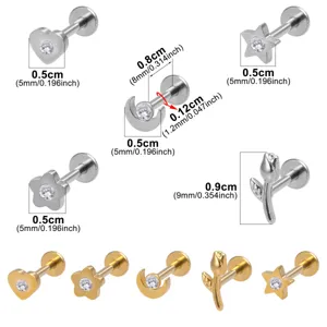 Edelstahl Piercing Schmuck Labret Stecker Set mit Kristall Herz und Stern Motiven