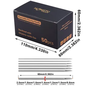 Disposable piercing needle set, 50pcs sterile body piercing tools with size guide.