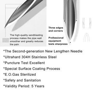 Disposable body piercing needle detail view, 304H stainless steel, sterile and safe tool.