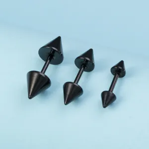 Black stainless steel spike barbell earrings body piercing jewelry studs set in three distinct sizes.