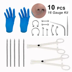 Edelstahl Piercing Set mit 16 Gauge Stabring, Hufeisenringen, Nadeln und Klemmen.
