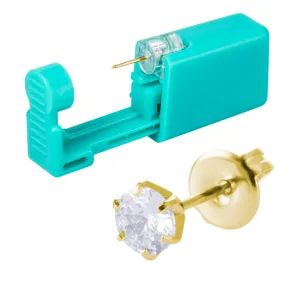 Disposable ear piercing gun with gold stud earring, safe sterile tool for body piercing.