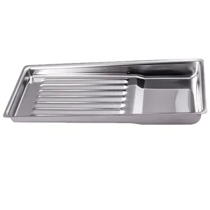 Stainless steel disinfection tray tool instrument basin with draining grooves and storage area.