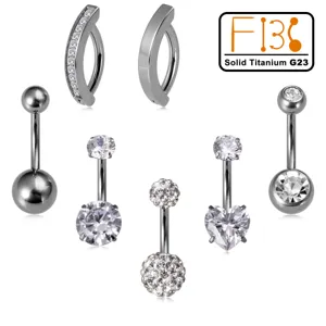 Titan G23 Bauchnabelpiercing Ring Set mit glänzenden Zirkonia Steinen für Körperpiercing.