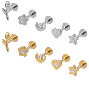 Edelstahl Labret Piercing Set mit Tulpe Blume Mond Herz und Stern Ohrringen für Körperschmuck.