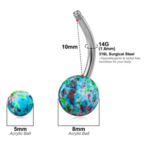 Chirurgenstahl Bauchnabelpiercing mit bunten Acryl Kugeln, 14G Piercing Schmuck für Damen.