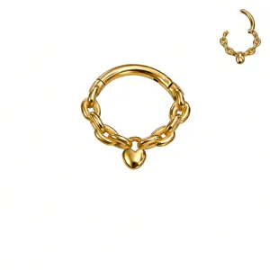 Goldfarbener Edelstahl Kettendesign Nasenring mit Herz Anhänger Piercing Schmuck Trendy.
