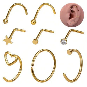 Goldener Edelstahl Nasenring Nasenstecker Set mit Herz Stern Kristall gebogene Stange Piercing