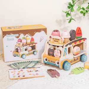 Wooden ice cream truck toy set for kids pretend play, kitchen dessert blocks and accessories.