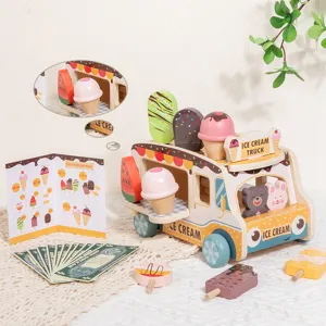 Wooden ice cream truck toy set for kids, role play pretend kitchen food games with cute accessories.