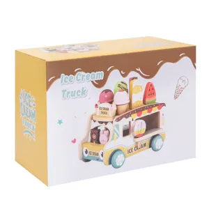 Wooden Ice Cream Truck Toy Kids Pretend Play Dessert Cart Montessori Educational Toy Yellow