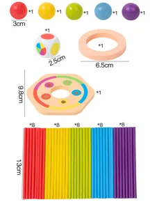 Wooden stacking tower balance game toy component size detail showing colorful sticks and balls.