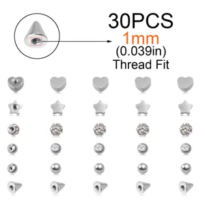 30stk edelstahl ohr piercingersatz tops set mit herz stern kristallkugel gewinde 1mm