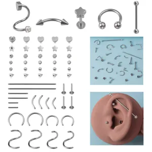 Edelstahl Strass Piercing Schmuck Set Hufeisen C-Form Nasenring Ohr Lippe Piercing Ersatzstifte Zubehör