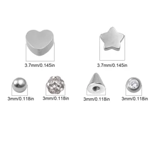 Edelstahl Flachrücken Piercing Aufsätze Set Herz Stern Kugel Konus Kristall Körperschmuck