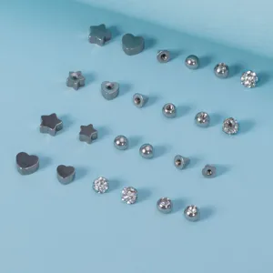 Edelstahl Flachrücken Ohrringe Set mit Zirkonia Kegel Herzen Piercing Schmuck.