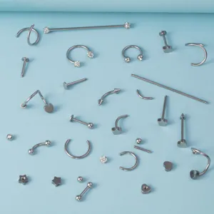 Detailansicht des Titan-Körperpiercing-Schmucksets mit Hufeisenringen, Barbells und Labrets.